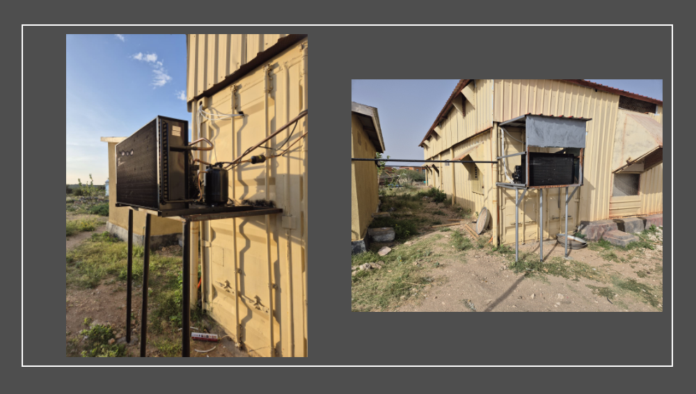 A two-panel photo showing an outdoor refrigeration condenser unit and compressor mounted on the side of a yellow shipping container building, with a close-up on the left and a wider perspective of the exterior on the right.