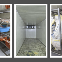 A three-panel collage of a walk-in cold storage facility, displaying shelves stocked with packaged meats and storage bins on the left, an empty metal cooling room with an evaporator fan unit in the center, and sacks of meat hanging from metal racks on the right.
